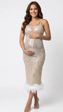 A champagne sequin feather trim maternity midi dress with illusion mesh, perfect for luxury maternity photoshoots, Gatsby baby showers, pregnancy announcements, and elegant formal celebrations.
