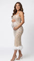 A champagne sequin feather trim maternity midi dress with illusion mesh, perfect for luxury maternity photoshoots, Gatsby baby showers, pregnancy announcements, and elegant formal celebrations.