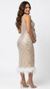 A champagne sequin feather trim maternity midi dress with illusion mesh, perfect for luxury maternity photoshoots, Gatsby baby showers, pregnancy announcements, and elegant formal celebrations.