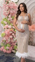 A champagne sequin feather trim maternity midi dress with illusion mesh, perfect for luxury maternity photoshoots, Gatsby baby showers, pregnancy announcements, and elegant formal celebrations.
