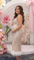 A champagne sequin feather trim maternity midi dress with illusion mesh, perfect for luxury maternity photoshoots, Gatsby baby showers, pregnancy announcements, and elegant formal celebrations.