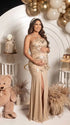 Champagne Sequin Halter Mermaid Maternity Maxi Dress with Floral Embroidery and Open Back for Baby Shower, Maternity Photoshoot, Pregnancy Announcement, Gender Reveal, Wedding Guest and Formal Events | Bumplook