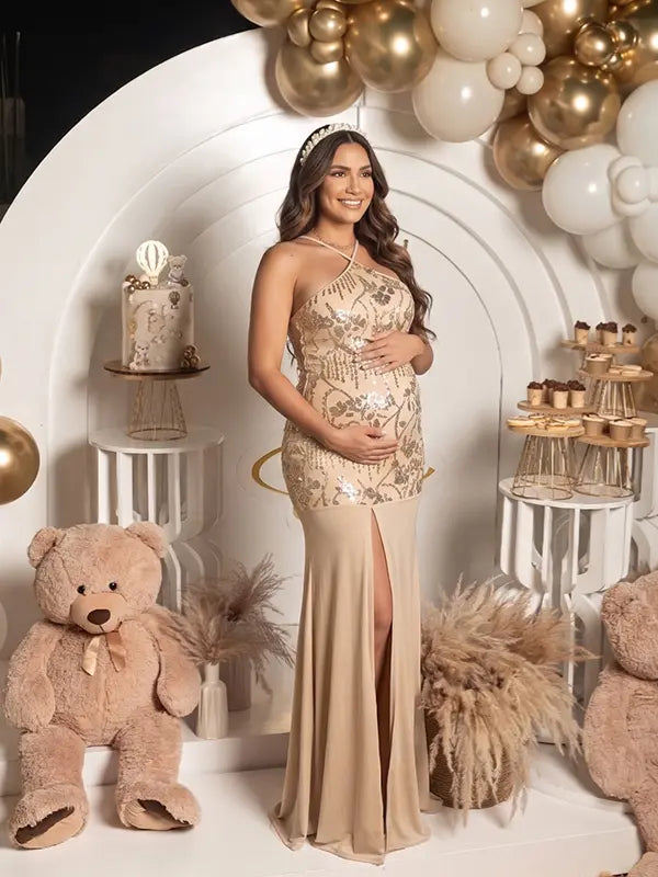 Champagne Sequin Halter Mermaid Maternity Maxi Dress with Floral Embroidery and Open Back for Baby Shower, Maternity Photoshoot, Pregnancy Announcement, Gender Reveal, Wedding Guest and Formal Events | Bumplook