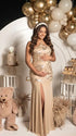 Champagne Sequin Halter Mermaid Maternity Maxi Dress with Floral Embroidery and Open Back for Baby Shower, Maternity Photoshoot, Pregnancy Announcement, Gender Reveal, Wedding Guest and Formal Events | Bumplook