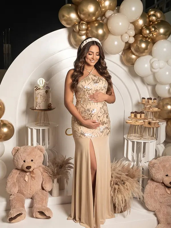 Champagne Sequin Halter Mermaid Maternity Maxi Dress with Floral Embroidery and Open Back for Baby Shower, Maternity Photoshoot, Pregnancy Announcement, Gender Reveal, Wedding Guest and Formal Events | Bumplook