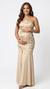 Champagne Sequin Halter Mermaid Maternity Maxi Dress with Floral Embroidery and Open Back for Baby Shower, Maternity Photoshoot, Pregnancy Announcement, Gender Reveal, Wedding Guest and Formal Events | Bumplook