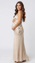 Champagne Sequin Halter Mermaid Maternity Maxi Dress with Floral Embroidery and Open Back for Baby Shower, Maternity Photoshoot, Pregnancy Announcement, Gender Reveal, Wedding Guest and Formal Events | Bumplook