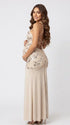 Champagne Sequin Halter Mermaid Maternity Maxi Dress with Floral Embroidery and Open Back for Baby Shower, Maternity Photoshoot, Pregnancy Announcement, Gender Reveal, Wedding Guest and Formal Events | Bumplook