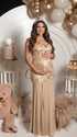 Champagne Sequin Halter Mermaid Maternity Maxi Dress with Floral Embroidery and Open Back for Baby Shower, Maternity Photoshoot, Pregnancy Announcement, Gender Reveal, Wedding Guest and Formal Events | Bumplook