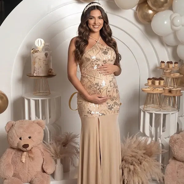 Champagne Sequin Halter Mermaid Maternity Maxi Dress with Floral Embroidery and Open Back for Baby Shower, Maternity Photoshoot, Pregnancy Announcement, Gender Reveal, Wedding Guest and Formal Events | Bumplook