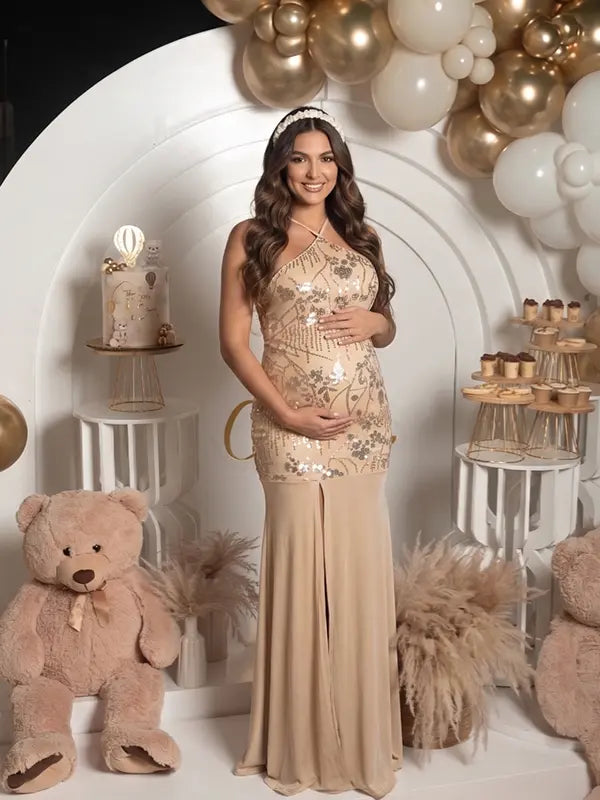 Champagne Sequin Halter Mermaid Maternity Maxi Dress with Floral Embroidery and Open Back for Baby Shower, Maternity Photoshoot, Pregnancy Announcement, Gender Reveal, Wedding Guest and Formal Events | Bumplook