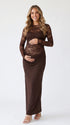 Chocolate Brown Lace Baby Shower Dress, Draped Maternity Maxi Gown for Baby Shower, Maternity Photoshoot, Gender Reveal, Pregnancy Announcement, Wedding Guest, Bridal Shower, Formal Events | Bumplook