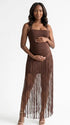 Chocolate brown glitter fringe halter maternity maxi dress with long tassel fringe, bodycon pregnancy gown for luxury maternity photoshoots, baby showers, birthdays, western-inspired sessions, and glamorous pregnancy portraits.