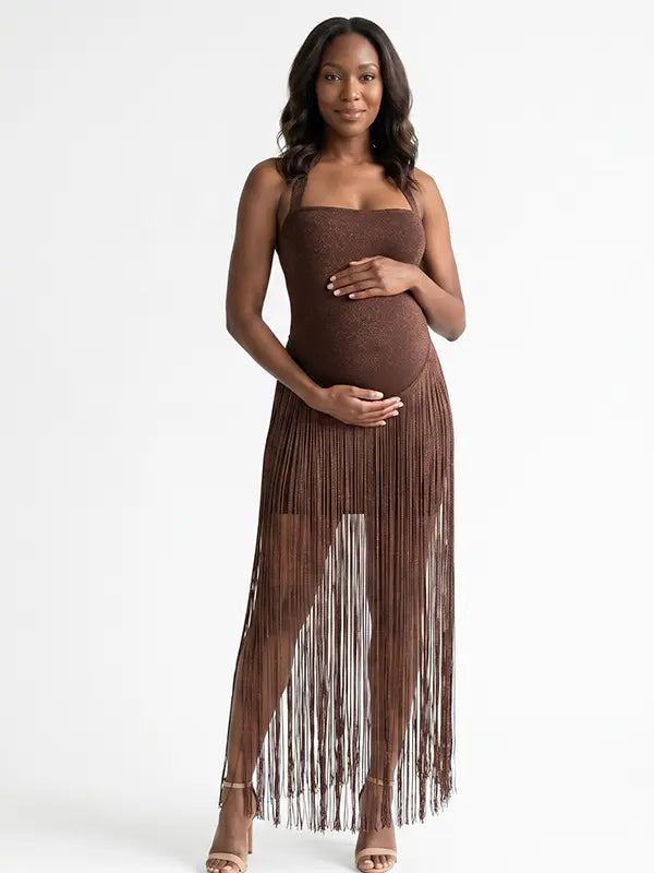 Chocolate brown glitter fringe halter maternity maxi dress with long tassel fringe, bodycon pregnancy gown for luxury maternity photoshoots, baby showers, birthdays, western-inspired sessions, and glamorous pregnancy portraits.