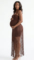 Chocolate brown glitter fringe halter maternity maxi dress with long tassel fringe, bodycon pregnancy gown for luxury maternity photoshoots, baby showers, birthdays, western-inspired sessions, and glamorous pregnancy portraits.