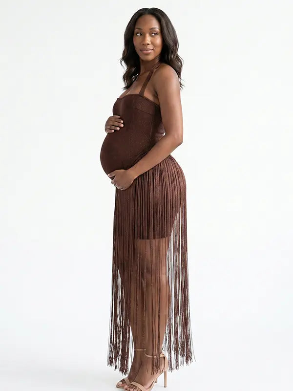 Chocolate brown glitter fringe halter maternity maxi dress with long tassel fringe, bodycon pregnancy gown for luxury maternity photoshoots, baby showers, birthdays, western-inspired sessions, and glamorous pregnancy portraits.