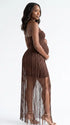 Chocolate brown glitter fringe halter maternity maxi dress with long tassel fringe, bodycon pregnancy gown for luxury maternity photoshoots, baby showers, birthdays, western-inspired sessions, and glamorous pregnancy portraits.