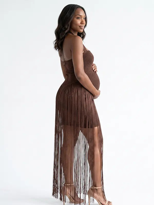 Chocolate brown glitter fringe halter maternity maxi dress with long tassel fringe, bodycon pregnancy gown for luxury maternity photoshoots, baby showers, birthdays, western-inspired sessions, and glamorous pregnancy portraits.