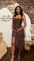 Chocolate brown glitter fringe halter maternity maxi dress with long tassel fringe, bodycon pregnancy gown for luxury maternity photoshoots, baby showers, birthdays, western-inspired sessions, and glamorous pregnancy portraits.