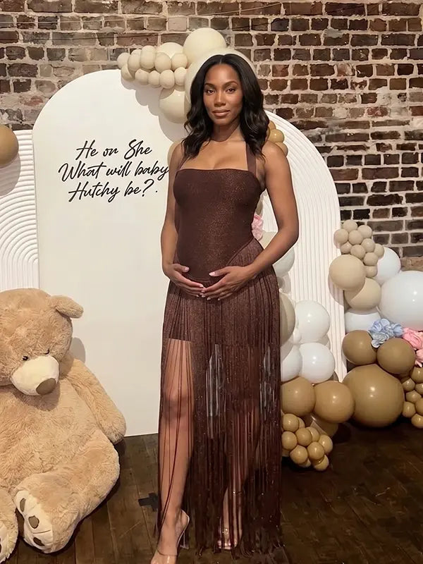 Chocolate brown glitter fringe halter maternity maxi dress with long tassel fringe, bodycon pregnancy gown for luxury maternity photoshoots, baby showers, birthdays, western-inspired sessions, and glamorous pregnancy portraits.