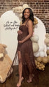 Chocolate brown glitter fringe halter maternity maxi dress with long tassel fringe, bodycon pregnancy gown for luxury maternity photoshoots, baby showers, birthdays, western-inspired sessions, and glamorous pregnancy portraits.