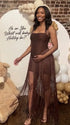 Chocolate brown glitter fringe halter maternity maxi dress with long tassel fringe, bodycon pregnancy gown for luxury maternity photoshoots, baby showers, birthdays, western-inspired sessions, and glamorous pregnancy portraits.