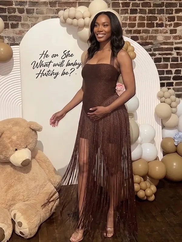 Chocolate brown glitter fringe halter maternity maxi dress with long tassel fringe, bodycon pregnancy gown for luxury maternity photoshoots, baby showers, birthdays, western-inspired sessions, and glamorous pregnancy portraits.