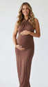 chocolate brown halter bodycon maxi dress with elegant twisted neckline