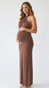 chocolate brown halter bodycon maxi dress with elegant twisted neckline