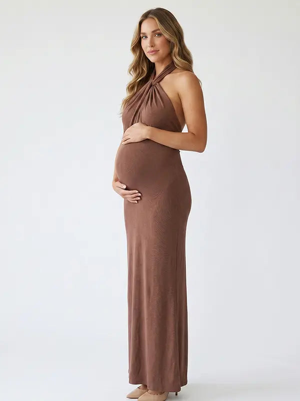 chocolate brown halter bodycon maxi dress with elegant twisted neckline