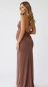 chocolate brown halter bodycon maxi dress with elegant twisted neckline