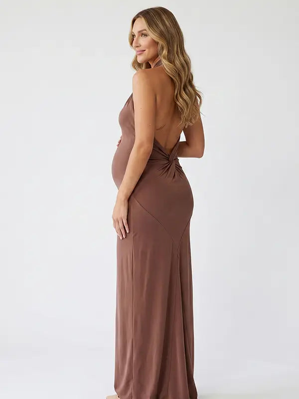 chocolate brown halter bodycon maxi dress with elegant twisted neckline