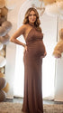 chocolate brown halter bodycon maxi dress with elegant twisted neckline
