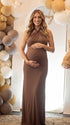 chocolate brown halter bodycon maxi dress with elegant twisted neckline
