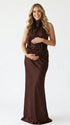 chocolate brown halter maternity gown with open back design and beaded waist detail