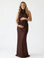 Chocolate Brown Halter Maternity Gown – Open Back Pregnancy Dress with Beaded Waist Detail
