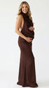 chocolate brown halter maternity gown with open back design and beaded waist detail