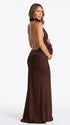 chocolate brown halter maternity gown with open back design and beaded waist detail