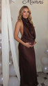 chocolate brown halter maternity gown with open back design and beaded waist detail