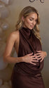 chocolate brown halter maternity gown with open back design and beaded waist detail