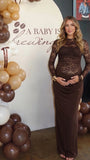 Chocolate Brown Floral Lace Maternity Maxi Dress, Sheer Long Sleeve Pregnancy Dress for Baby Shower, Maternity Photoshoot, Gender Reveal, Pregnancy Announcement, Wedding Guest, Bridal Shower, Formal Events | Bumplook