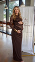 Chocolate Brown Long Sleeve Maternity Maxi Dress, Elegant Lace Pregnancy Dress for Baby Shower, Maternity Photoshoot, Gender Reveal, Pregnancy Announcement, Wedding Guest, Bridal Shower, Formal Events | Bumplook