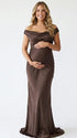 chocolate brown off shoulder cowl neck maternity gown with elegant flowing silhouette
