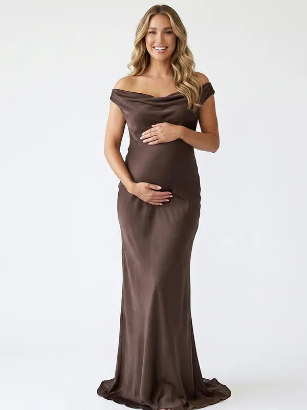 chocolate brown off shoulder cowl neck maternity gown with elegant flowing silhouette