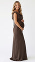 chocolate brown off shoulder cowl neck maternity gown with elegant flowing silhouette