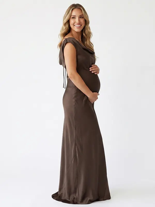 chocolate brown off shoulder cowl neck maternity gown with elegant flowing silhouette