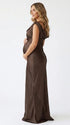 chocolate brown off shoulder cowl neck maternity gown with elegant flowing silhouette