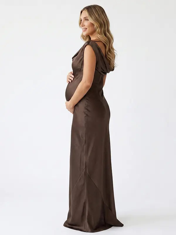 chocolate brown off shoulder cowl neck maternity gown with elegant flowing silhouette
