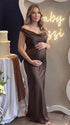 chocolate brown off shoulder cowl neck maternity gown with elegant flowing silhouette