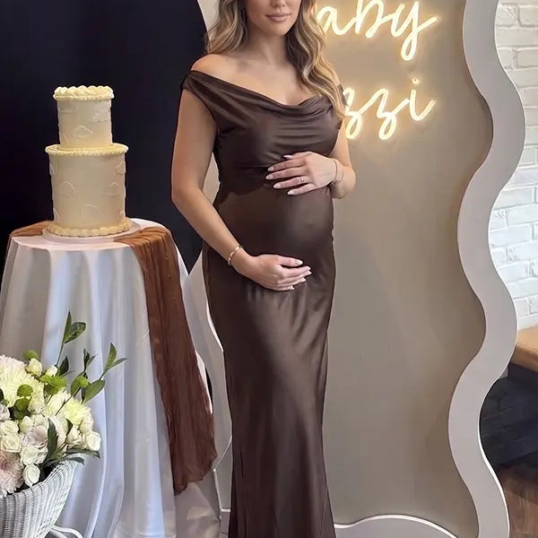 chocolate brown off shoulder cowl neck maternity gown with elegant flowing silhouette